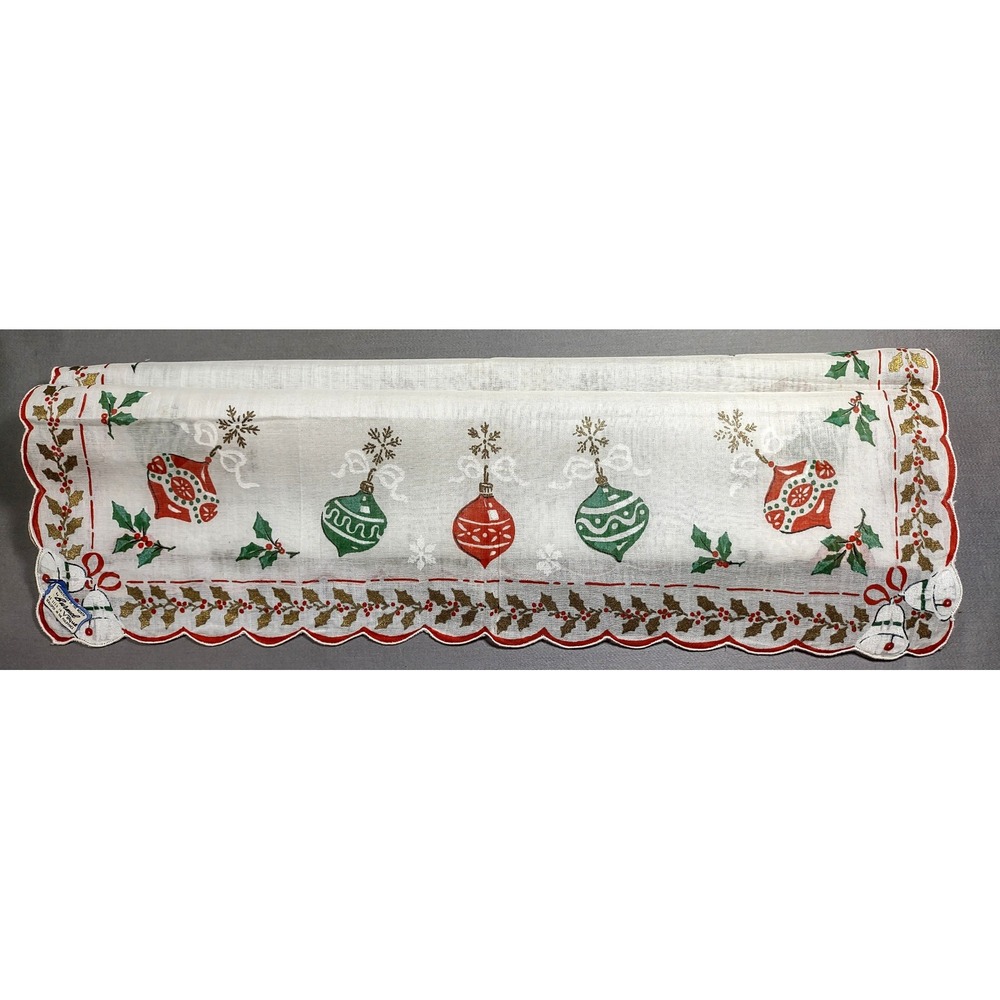 VTG Burmel 14.5 x 14.75 Metallic Gold Holly Bells & Ornaments Hankie Scalloped - Picture 4 of 7